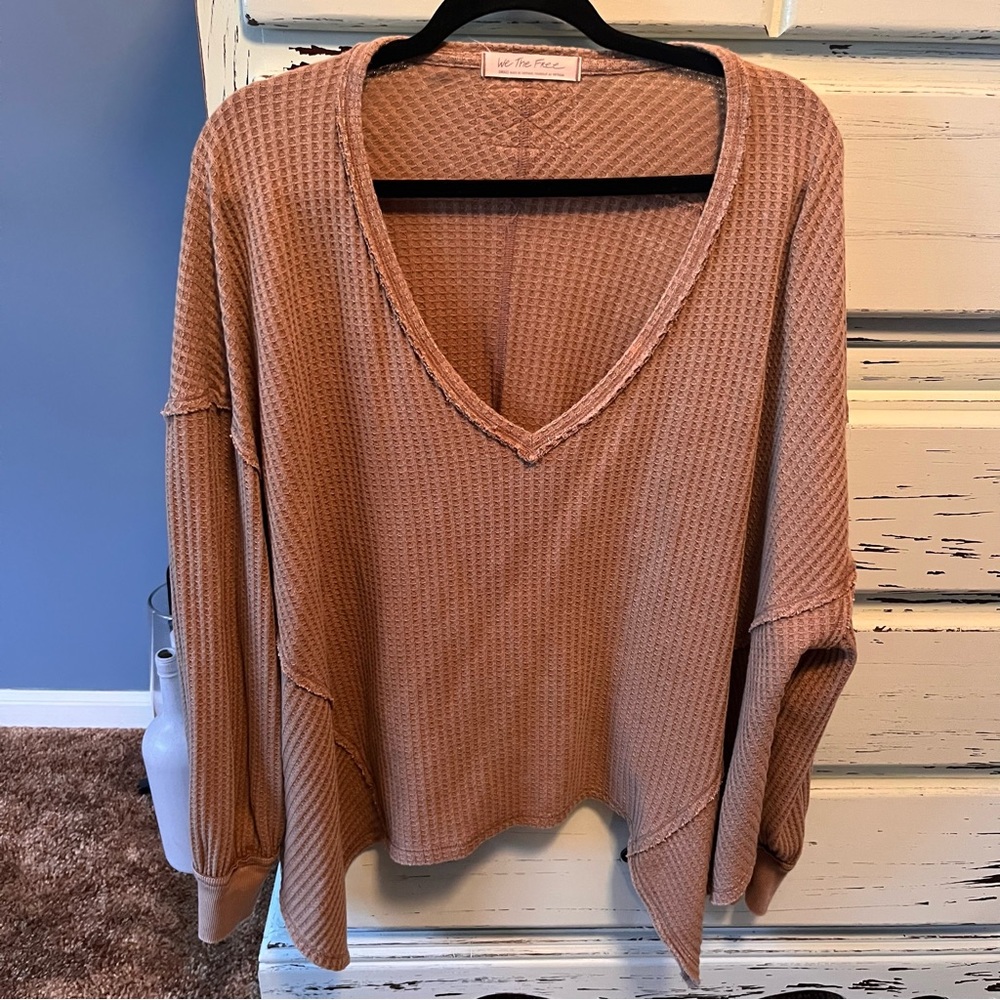 We The Free Light Brown Oversized Waffle Knit Top, size small.